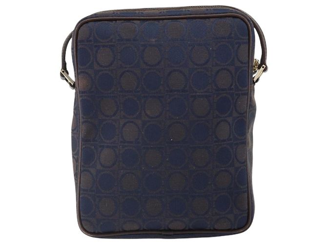 Borsa a Spalla Gancini in Nylon e Pelle Salvatore Ferragamo Blu Navy Oro Auth BA9388 D'oro - vista 3