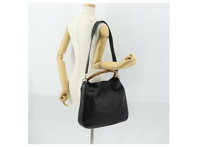Bolsa de Ombro de Couro Gucci Bamboo 2way Preto Dourado 001 1577 Auth 155471 - vista 23