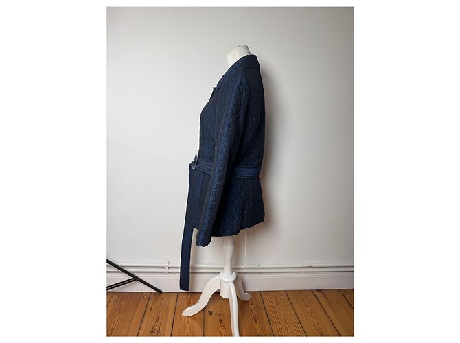 Vintage Courreges Floral Emblossed Canvas Coat Navy M Navy blue - view 2