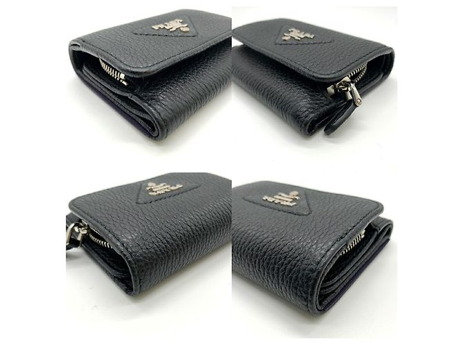 Prada Tri-fold Leather Triangle Compact Wallet Black - view 3