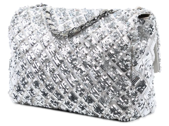 Chanel Argento Medio Classico in Satin e Paillettes Flap Singolo - vista 2
