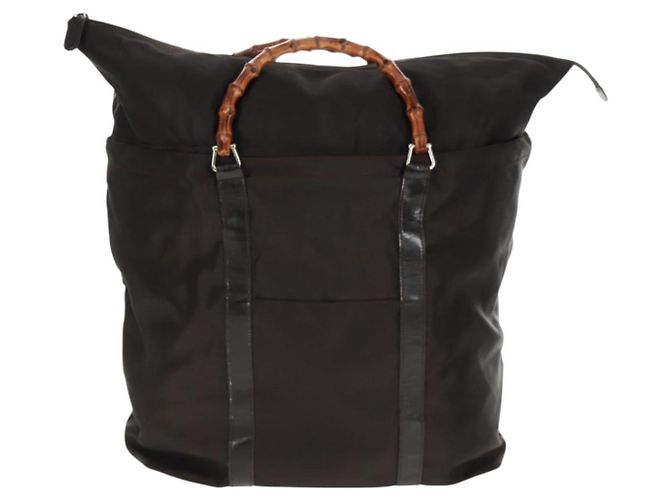 Borsa a mano in nylon marrone e argento Gucci Bamboo 002 3754 0412 Auth bs32055 - vista 2