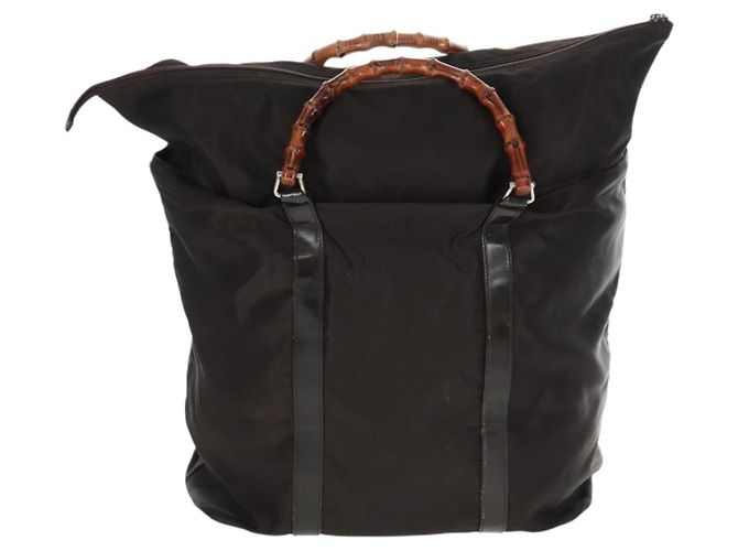 Borsa a mano in nylon marrone e argento Gucci Bamboo 002 3754 0412 Auth bs32055 - vista 4