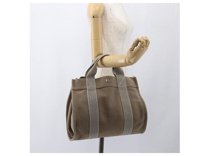 Hermès HERMES Cannes PM Borsa Tote Cotone Beige Argento Auth ka1282 - vista 21