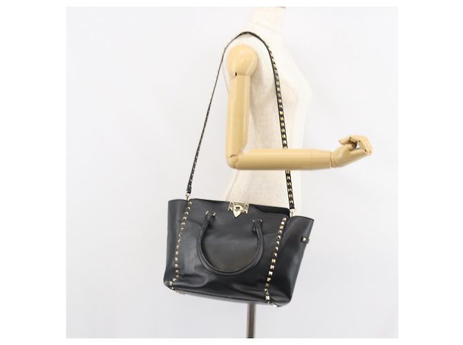 VALENTINO Borsa Rock studs in pelle 2 in 1 Nera Oro Auth BA9420 Nero D'oro - vista 27