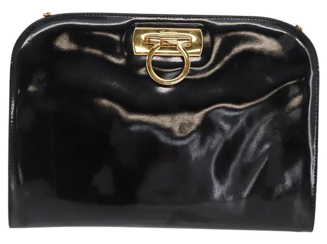 Borsa a Spalla Chain Gancini Salvatore Ferragamo Smalto Nero Oro Auth am10237 D'oro - vista 2