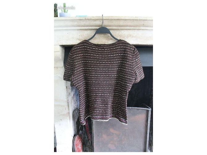 Top de Chanel de manga corta de punto en chocolate e marfil Castaño - vista 5