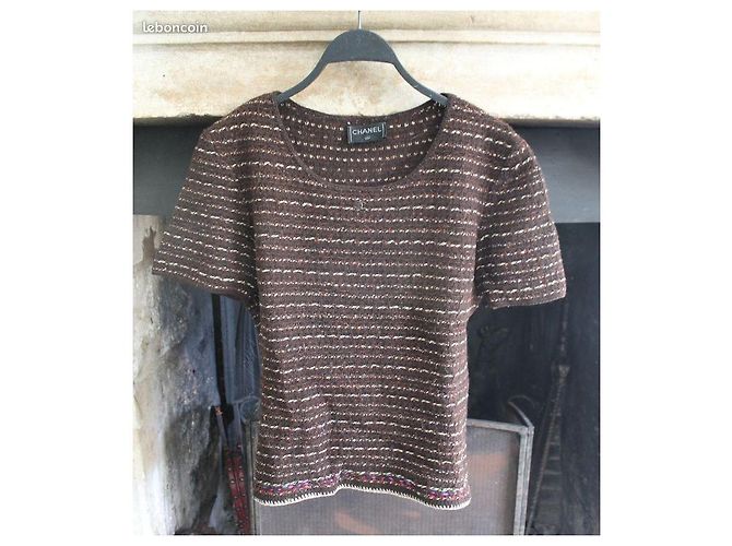 Top de Chanel de manga corta de punto en chocolate e marfil Castaño - vista 8