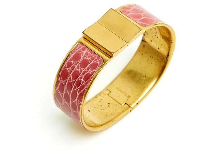 Clic H Bracciale Hermès Clic Clac Grande TGM in Pelle Rosa con Metallo Dorato XL - vista 2