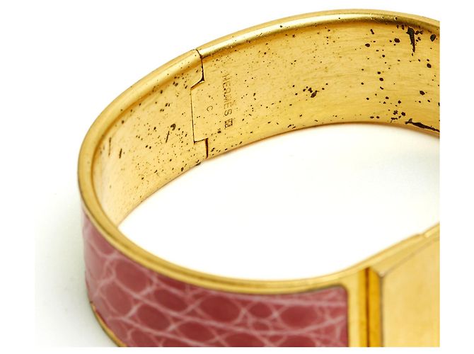 Clic H Bracciale Hermès Clic Clac Grande TGM in Pelle Rosa con Metallo Dorato XL - vista 5