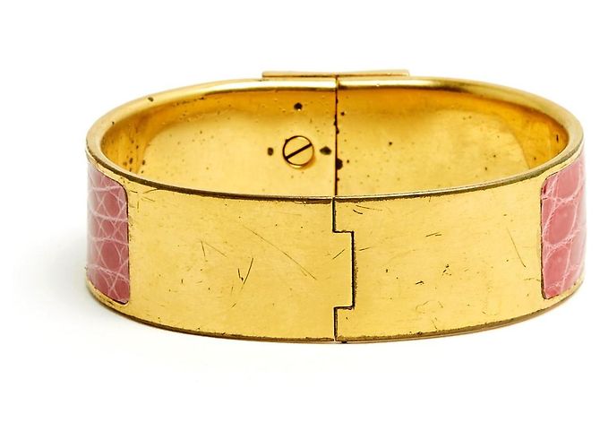 Clic H Bracciale Hermès Clic Clac Grande TGM in Pelle Rosa con Metallo Dorato XL - vista 6