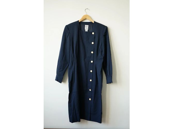 Céline Kleid aus marineblauer Wolle mit Schulterpolstern - Ansicht 2
