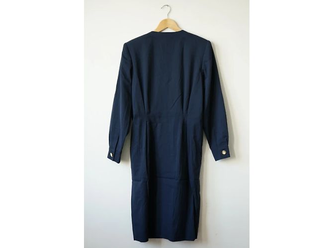 Céline Kleid aus marineblauer Wolle mit Schulterpolstern - Ansicht 3