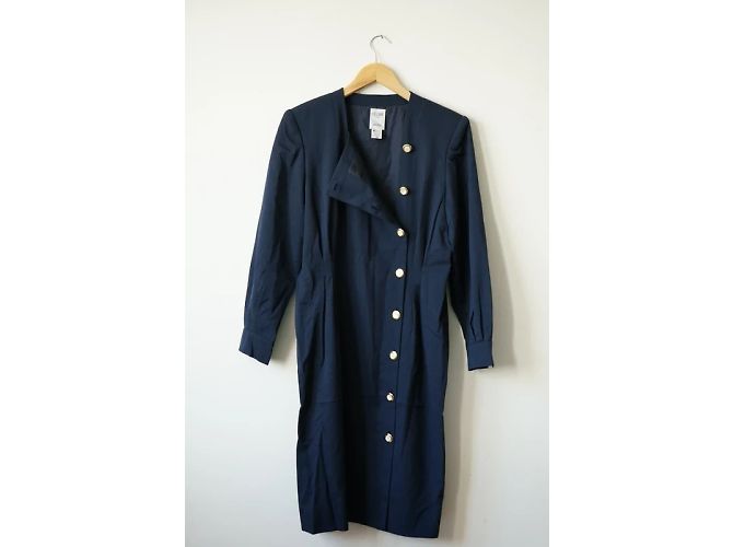 Céline Kleid aus marineblauer Wolle mit Schulterpolstern - Ansicht 6