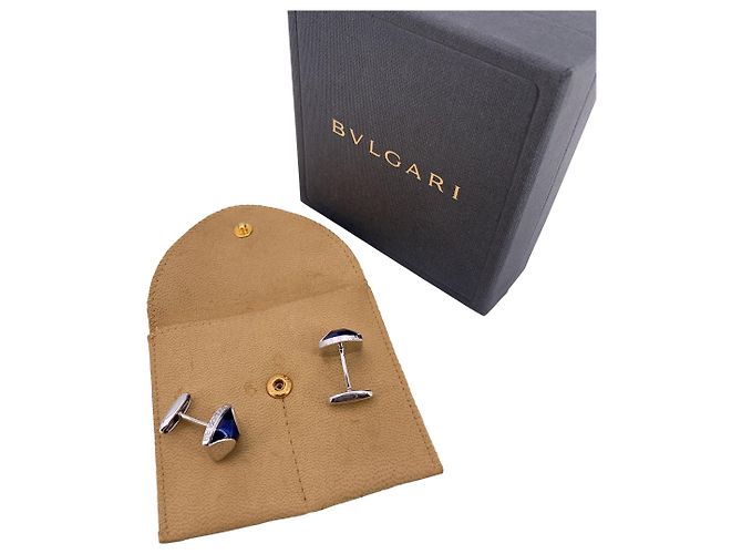 Gemelli in argento sterling 925 con smalto blu Bulgari e pochette - vista 2