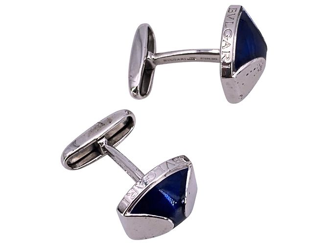 Gemelli in argento sterling 925 con smalto blu Bulgari e pochette - vista 4