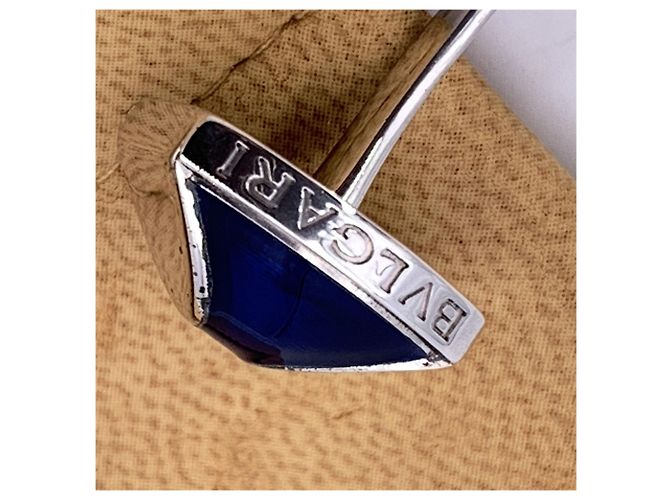 Gemelli in argento sterling 925 con smalto blu Bulgari e pochette - vista 5
