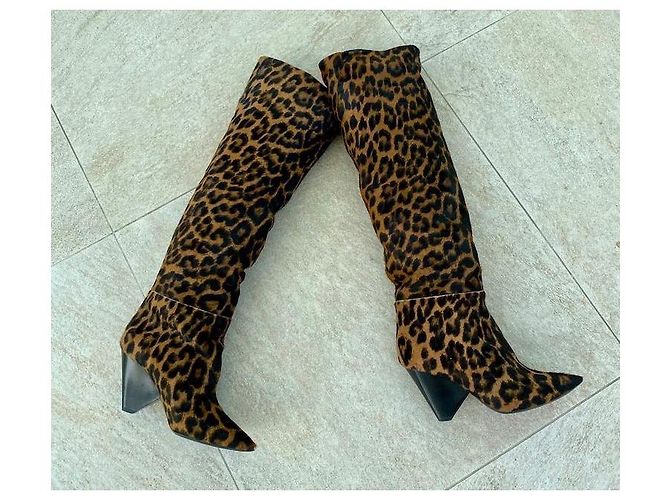 Botas Saint Laurent Niki de potro con estampado de leopardo Negro Beige Marrón oscuro - vista 7