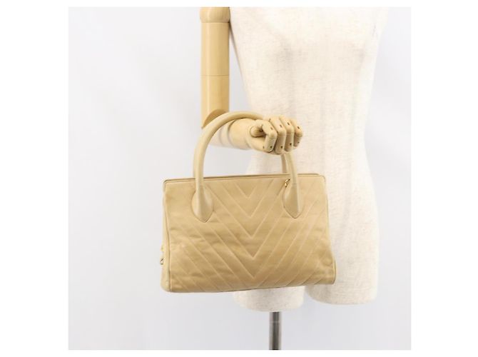 CHANEL Borsa a Mano V Stitch Pelle Beige Oro CC Auth BA9348 D'oro - vista 22