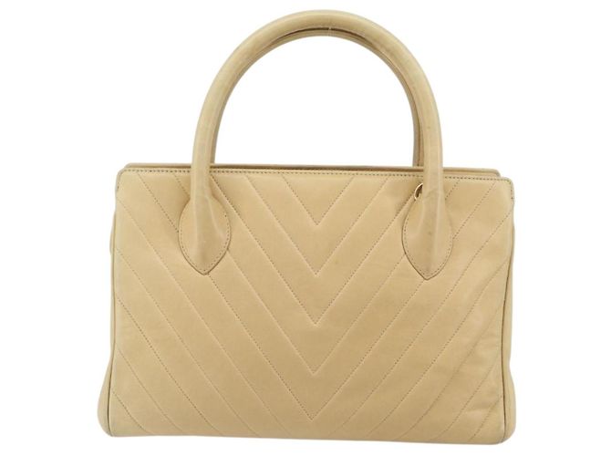 CHANEL Borsa a Mano V Stitch Pelle Beige Oro CC Auth BA9348 D'oro - vista 3