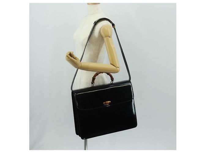 Borsa a Mano GUCCI Bamboo Smalto 2 vie Nero Oro 015 1046 3304 Auth bs32052 - vista 29