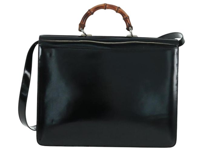 Borsa a Mano GUCCI Bamboo Smalto 2 vie Nero Oro 015 1046 3304 Auth bs32052 - vista 3