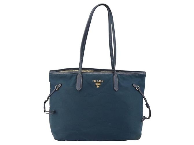 Borsa Tote Prada in nylon blu navy e oro Auth ka1232 D'oro - vista 13