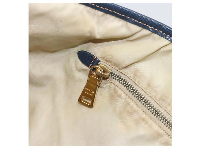 Borsa Tote Prada in nylon blu navy e oro Auth ka1232 D'oro - vista 21