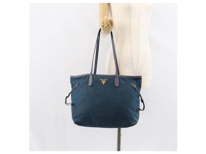 Borsa Tote Prada in nylon blu navy e oro Auth ka1232 D'oro - vista 23
