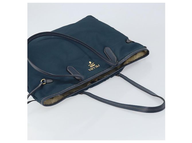Borsa Tote Prada in nylon blu navy e oro Auth ka1232 D'oro - vista 6