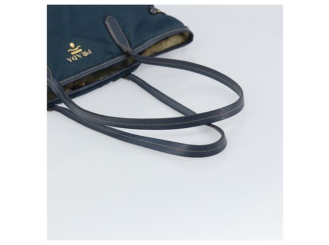 Borsa Tote Prada in nylon blu navy e oro Auth ka1232 D'oro - vista 7