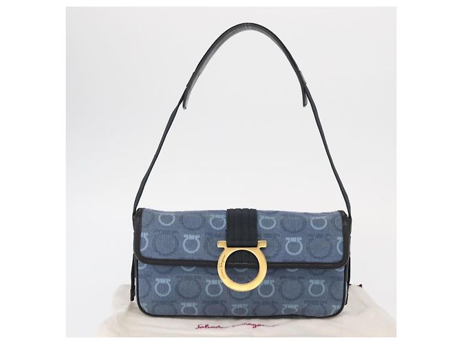 Bolso de Hombro Gancini Salvatore Ferragamo en Lona Azul Marino y Oro Auth BA9259V Dorado - vista 23
