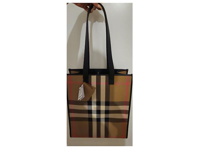 Borsa Tote Burberry Check in Tela e Pelle Marrone Nero Rosa Beige - vista 6