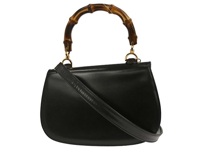 Gucci Vintage Convertible Bamboo Top Handle Leather Medium Nero - vista 2