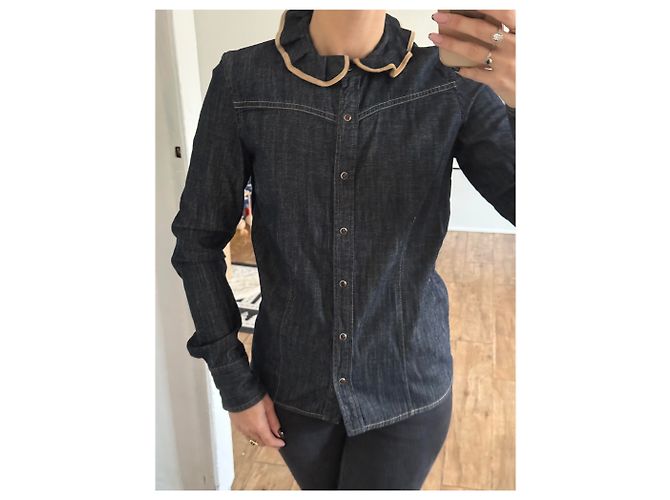 Camicia in Jeans Chloé Blu Scuro con Collo Volant T36 - vista 2