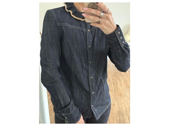 Camicia in Jeans Chloé Blu Scuro con Collo Volant T36 - vista 3