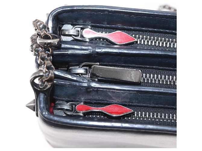 Borsa a spalla in pelle nera con borchie e catena Christian Louboutin Auth gh1489 Nero Argento - vista 10