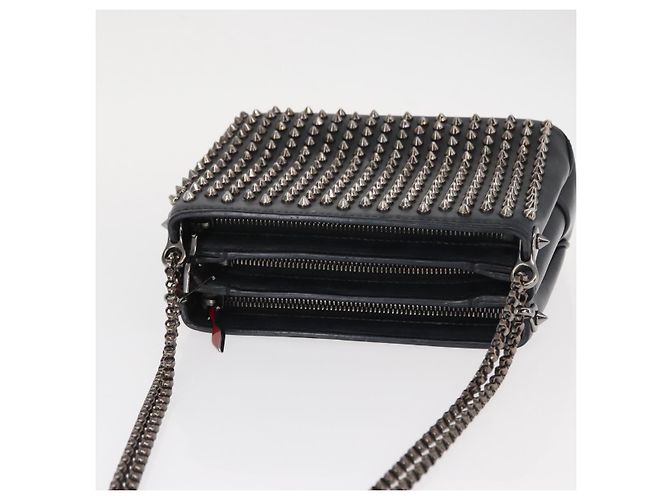 Borsa a spalla in pelle nera con borchie e catena Christian Louboutin Auth gh1489 Nero Argento - vista 6