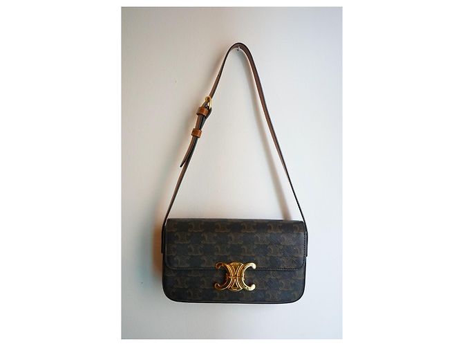 Céline Borsa Celine Triomphe in tela stampata e vitello color cammello Marrone - vista 12