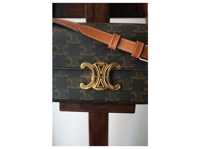 Céline Borsa Celine Triomphe in tela stampata e vitello color cammello Marrone - vista 2