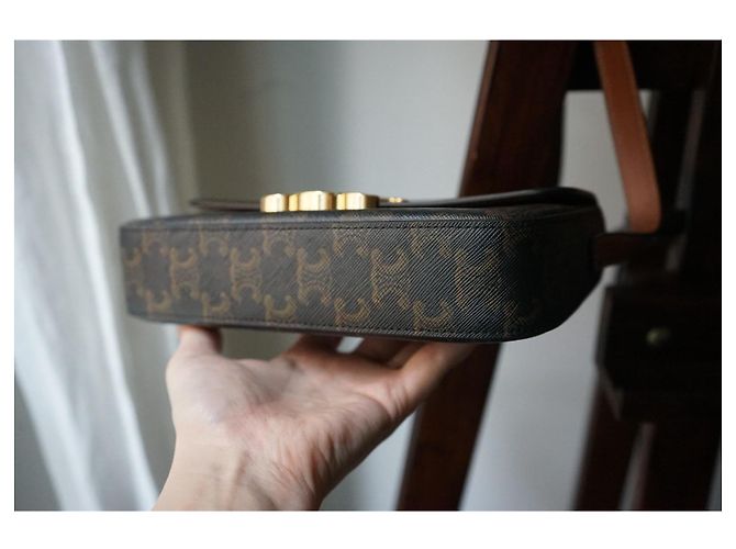 Céline Borsa Celine Triomphe in tela stampata e vitello color cammello Marrone - vista 6