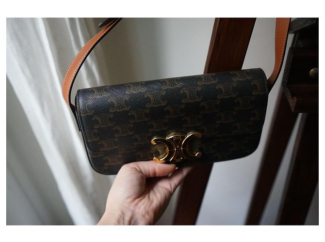 Céline Borsa Celine Triomphe in tela stampata e vitello color cammello Marrone - vista 7