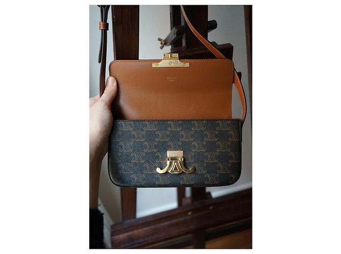 Céline Borsa Celine Triomphe in tela stampata e vitello color cammello Marrone - vista 8