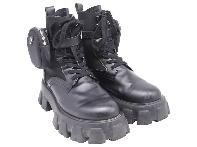 Stivali da combattimento Prada Monolith in pelle nera e nylon - vista 3