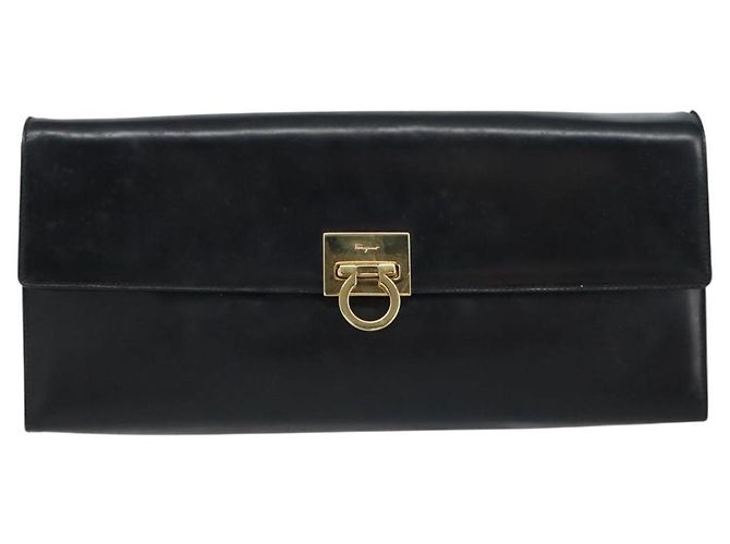 Bolsa de ombro Gancini Chain em couro preto e dourado Auth 159360 da Salvatore Ferragamo - vista 13