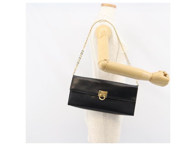 Bolsa de ombro Gancini Chain em couro preto e dourado Auth 159360 da Salvatore Ferragamo - vista 22
