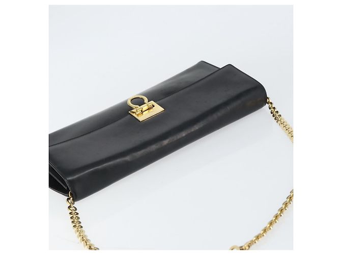 Bolsa de ombro Gancini Chain em couro preto e dourado Auth 159360 da Salvatore Ferragamo - vista 6