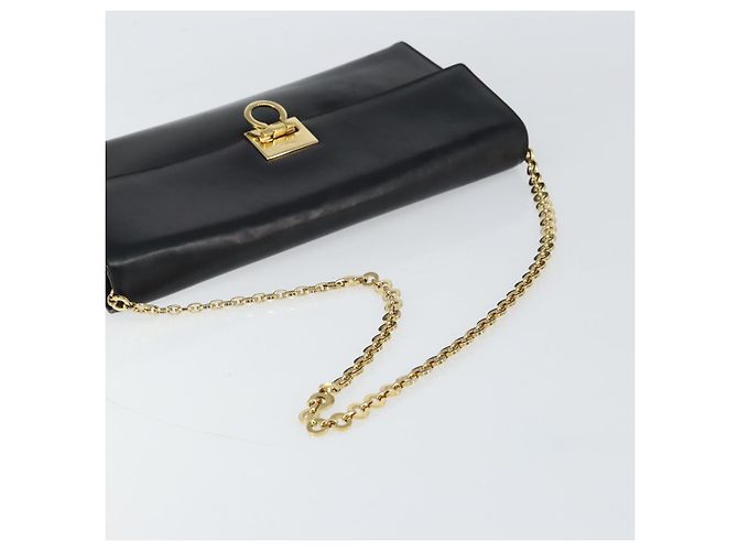Bolsa de ombro Gancini Chain em couro preto e dourado Auth 159360 da Salvatore Ferragamo - vista 7