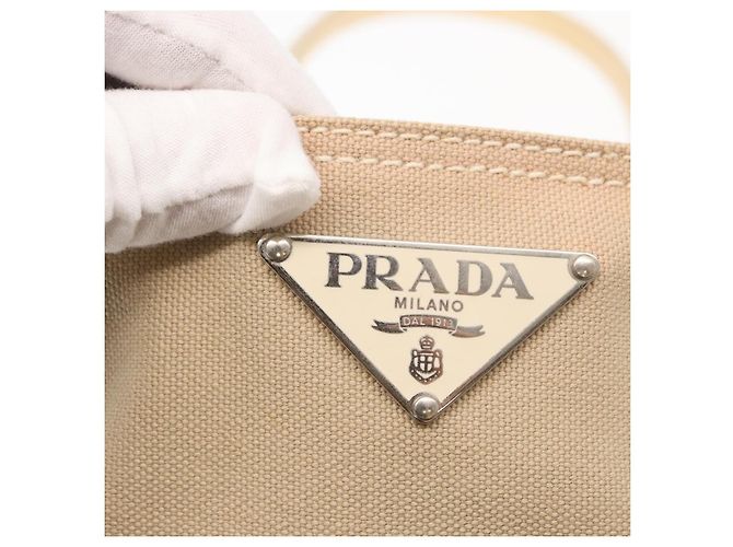 PRADA Tote Bag aus Canvas und Leder Beige Silber Authentisch 160268 - Ansicht 17