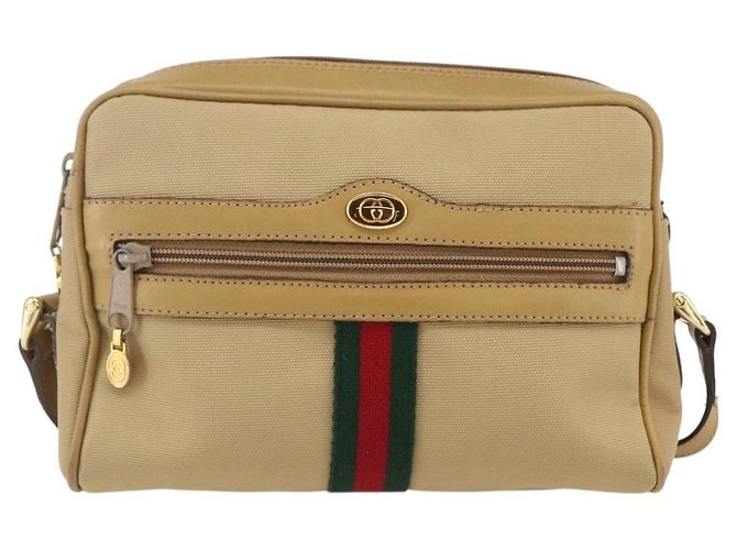Gucci Bolsa de Ombro Web Sherry Line Nylon Bege Dourado Vermelho 010 378 Auth 159085 - vista 13